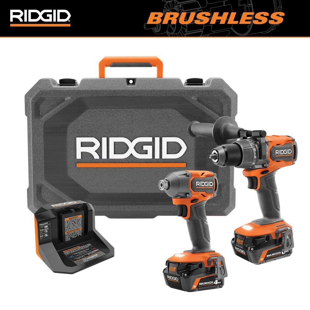 RIDGID 18V Brushless 2-Tool Combo Kit with 6.0 Ah and 4.0 Ah MAX Output Batteries Charger and Hard Case R92082