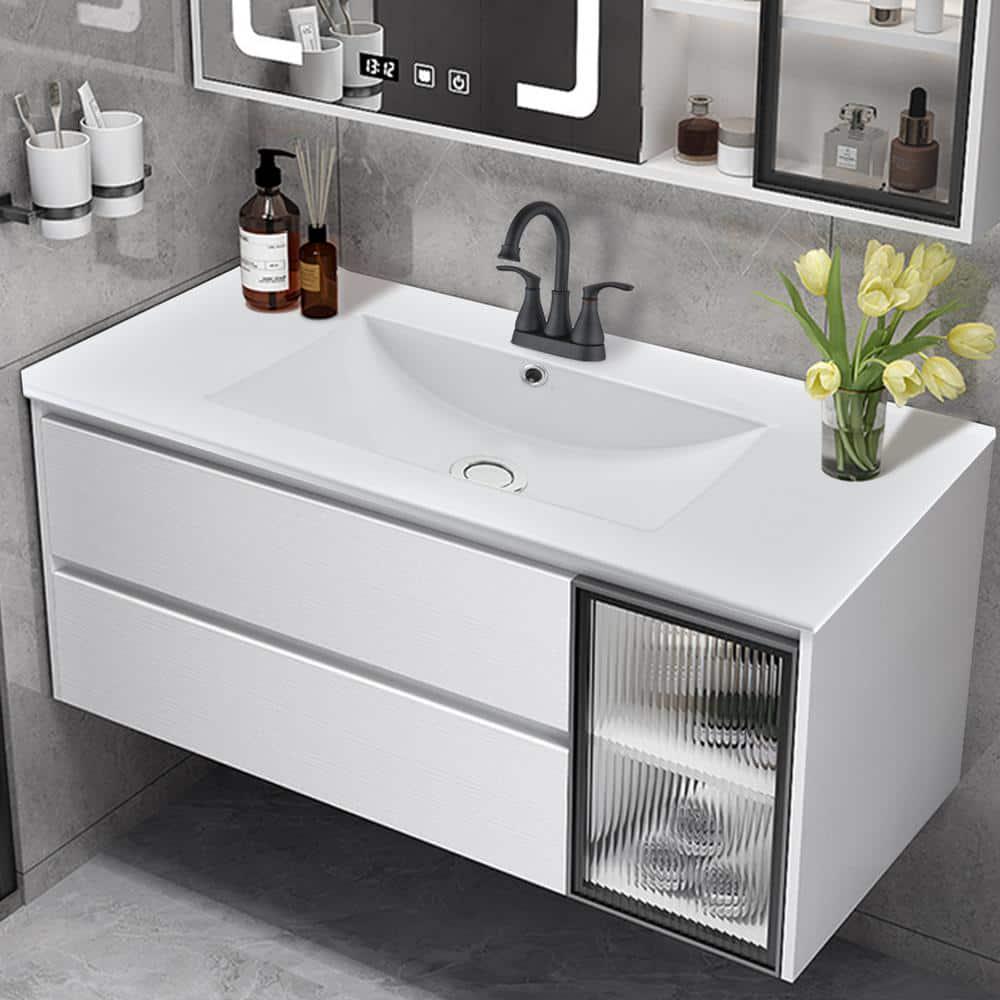 YASINU SQ 36 in W x 18 in D Ceramic Vanity Top Integrated Rectangle Basin Sink in White