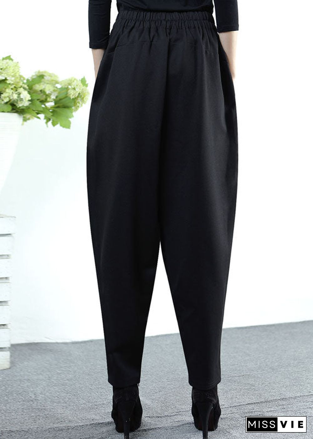 Style Black High Waist Pockets Thick Casual Winter Pants