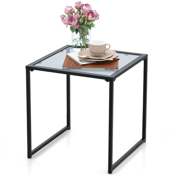 Tempered Glass Side Table with Metal Frame for Indoor and Outdoor