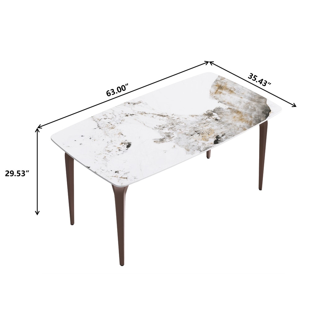 63 Inch White Artificial Stone and Metal Leg Dining Table for 6 People