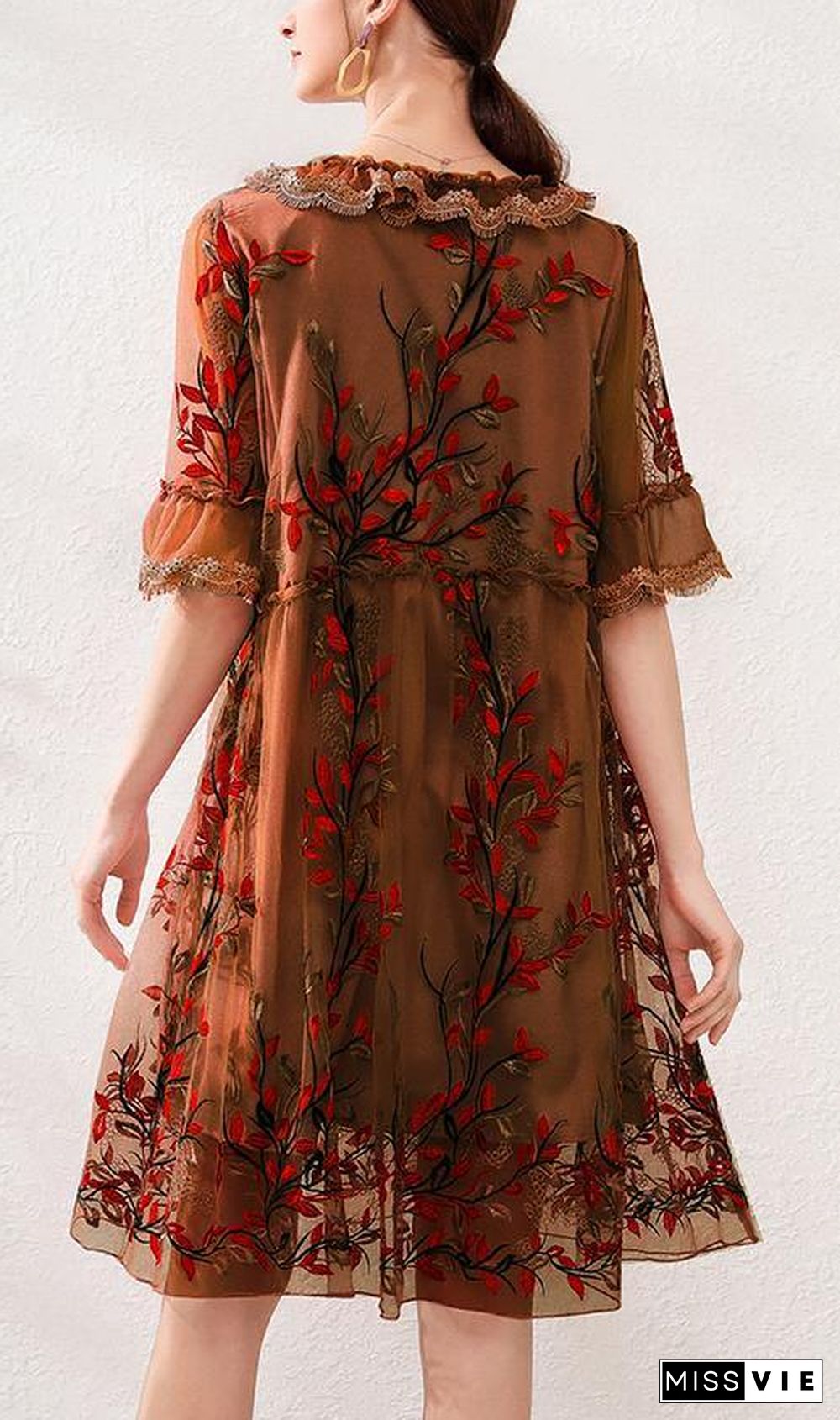 Organic Chocolate Embroidery Lace Butterfly Sleeve Summer Robe Dresses