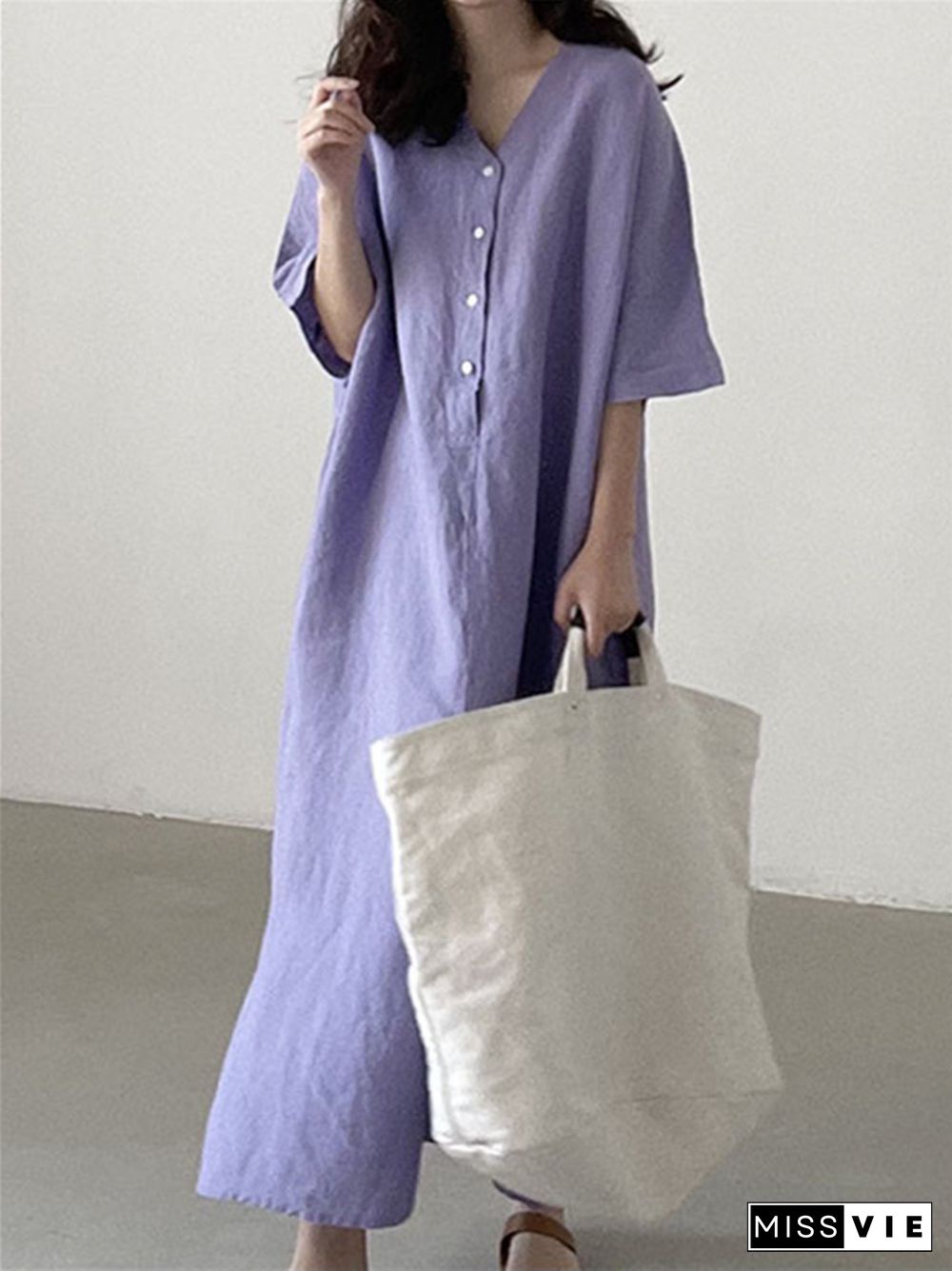 Simple Cotton Linen Dress Loose Short Sleeve Long Shirt Skirt