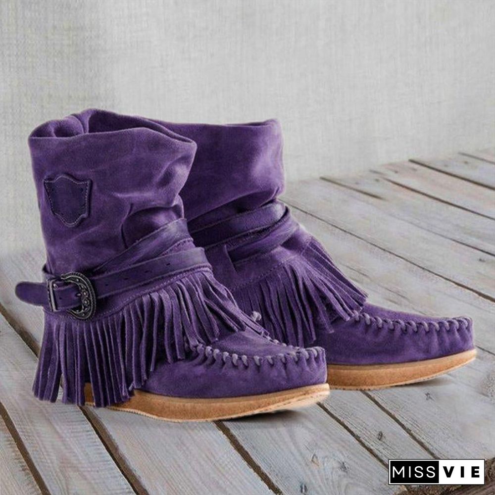 Women's Fringe Round Toe Retro Boots