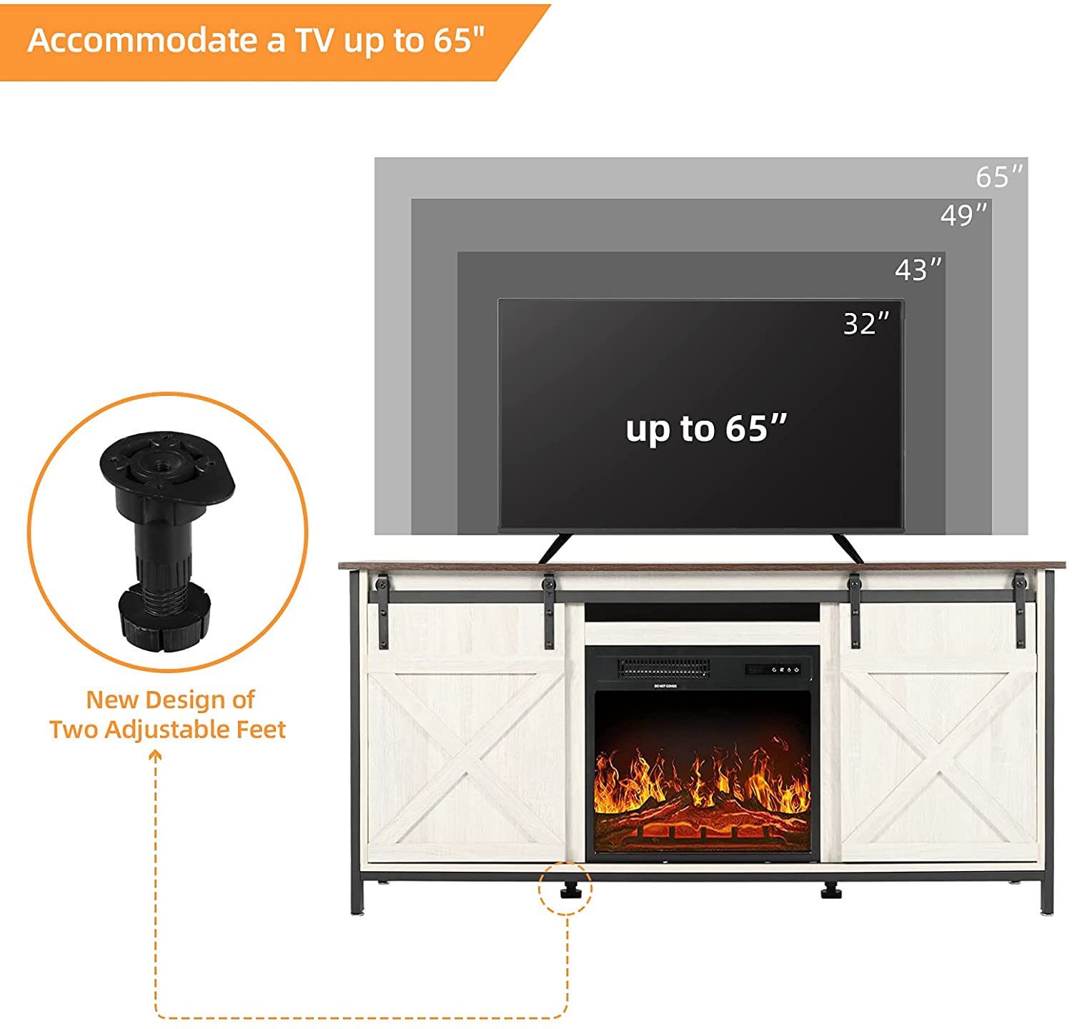 58 Electric Fireplace White TV Stand Up to 65 Inch TV, Entertainment Center with Storage, Sliding Barn Door & Adjustable Shelf, Living Room Bedroom Kitchen