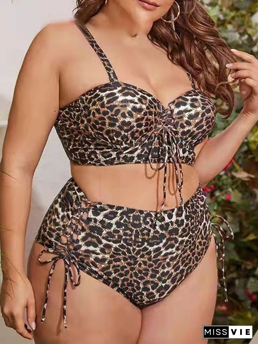 Plus Size Women's Push Up Leopard High Waist Bikini Set