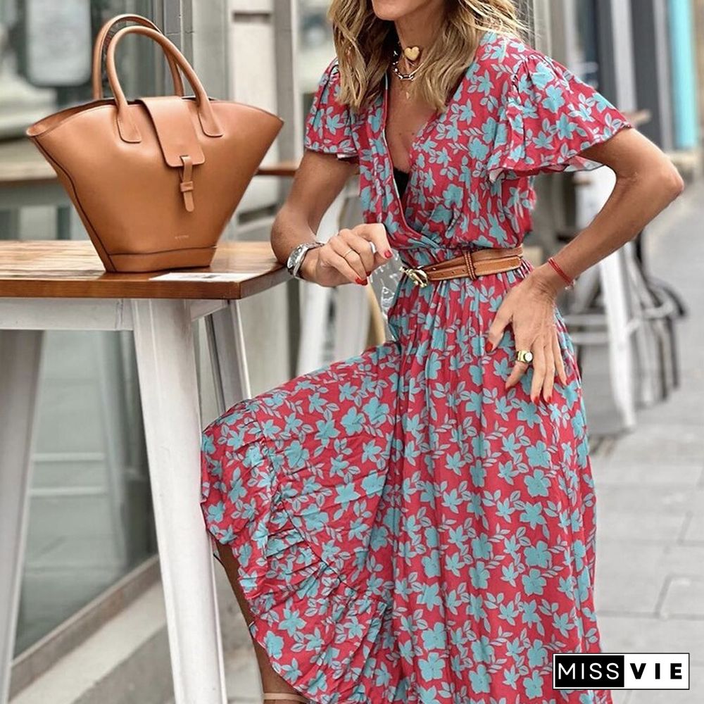 Vintage Summer Women Floral Print Long Dress Elegant Short Sleeve V Neck Waist Asymmetric Dress Ladies Fashion Slim Ruffle Dress