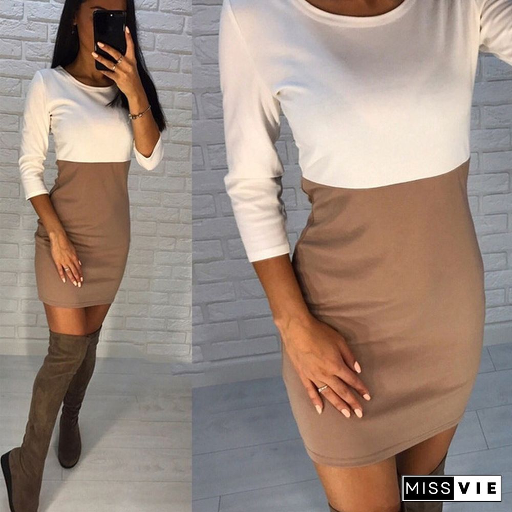 Women Fashion Patchwork Long Sleeve O-Neck Pullover Tunic Package Hip Mini Bodycon Dress