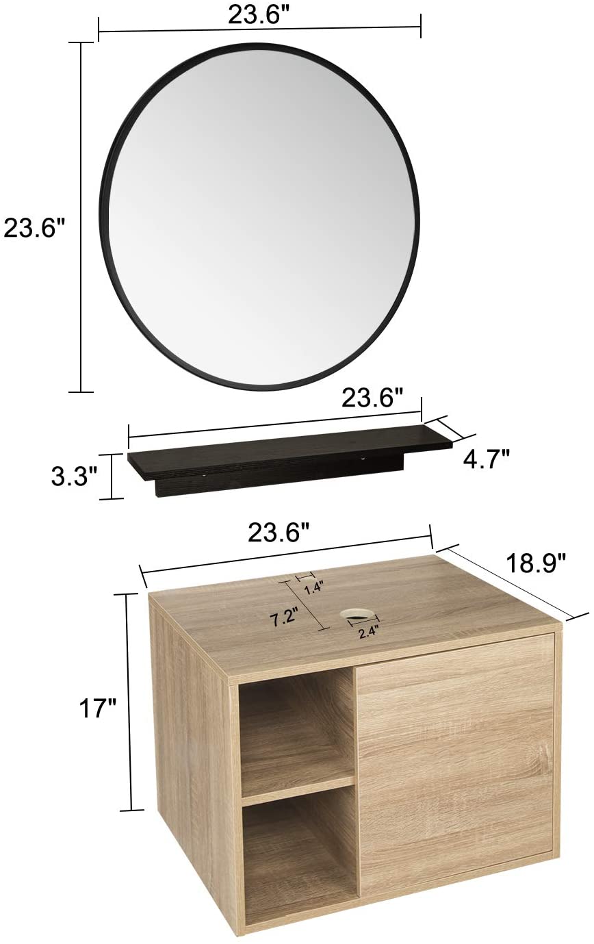 FULLWATT 23.6-Inch Natural Color Wall Mounted Bathroom Vanity, Side Shelves with Round Mirror, 1-Door and 2-Shelves