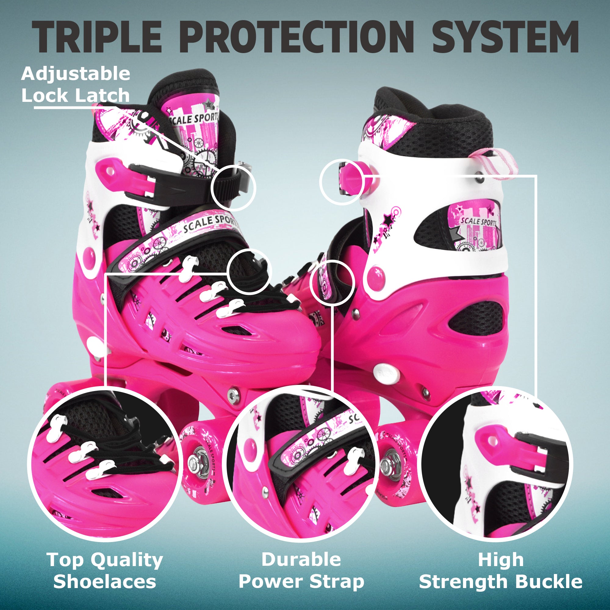 Adjustable Pink Quad Roller Skates For Kids Small Sizes