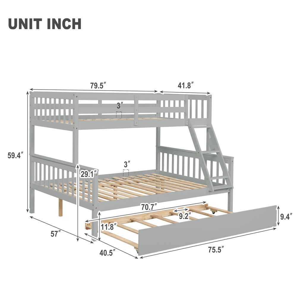 Twin Over Full Bunk Bed with Trundle, Wood Bed Frame with Ladder and Safety Rails for Kids, Teens, Adults, Gray