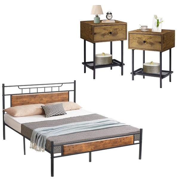 Industrial 3-Pieces Bedroom Set Platform Bed Frame and Nightstands Set of 2 - - 36913922