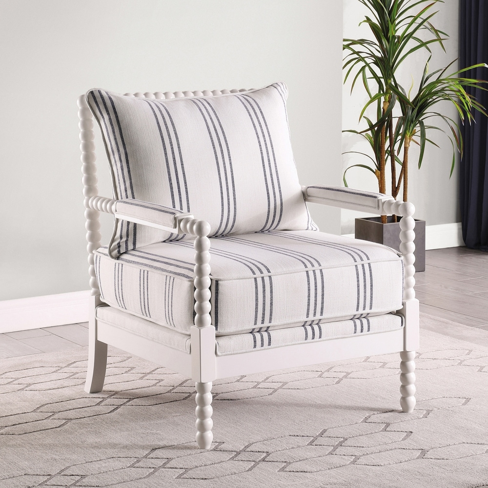 Fabric Upholstered Accent Chair with Spindle Accent in White and Navy