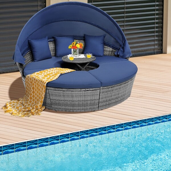 Gymax Outdoor Round Daybed w/ Retractable Canopy and Side Table Backyard