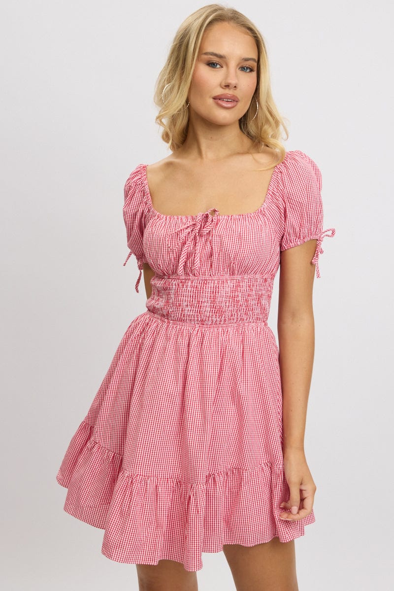 Red Check Fit And Flare Dress Puff Sleeve Mini