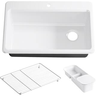 KOHLER Riverby Workstation Drop-In Cast Iron 33 in. 1-Hole Single Basin Kitchen Sink Kit with Accessories in White K-5871-1A2-0