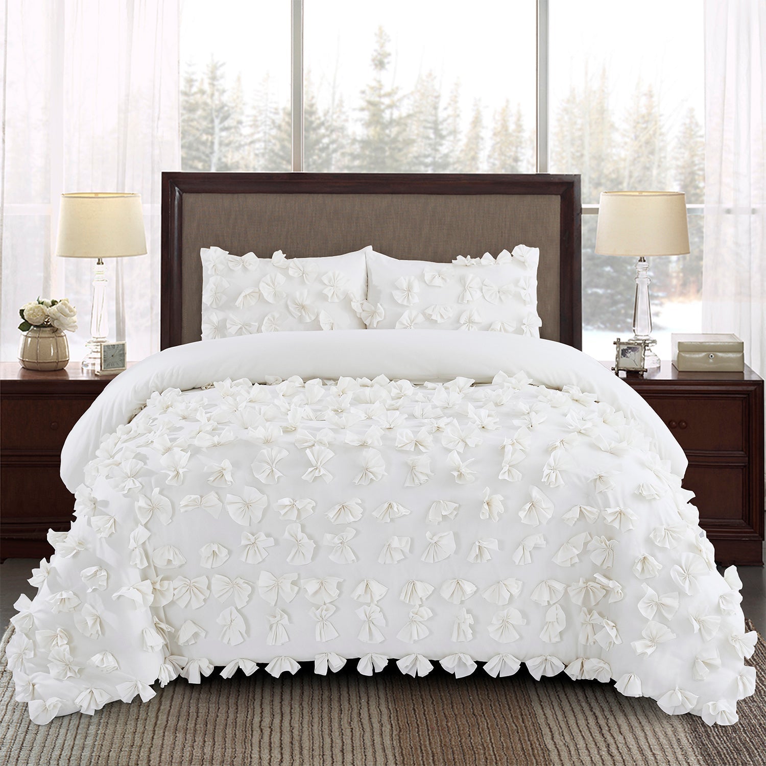 3 Piece Gray Burrterfly Flower Applique Collection Comforter Set