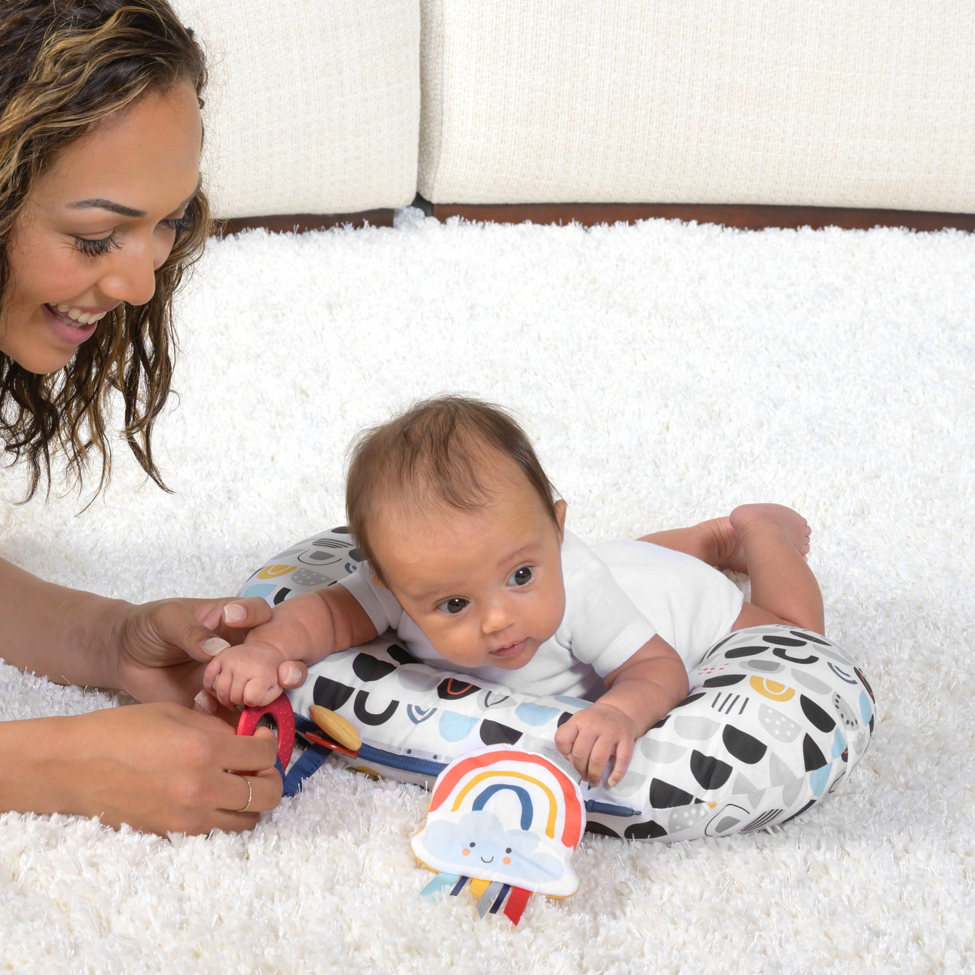 Boppy Tummy Time Prop Pillow | Black and White Modern Rainbows with Teething Toys | A Smaller Size for Comfortable Tummy Time | Attached Toys to Encourage Pediatrician Recommended Tummy Time