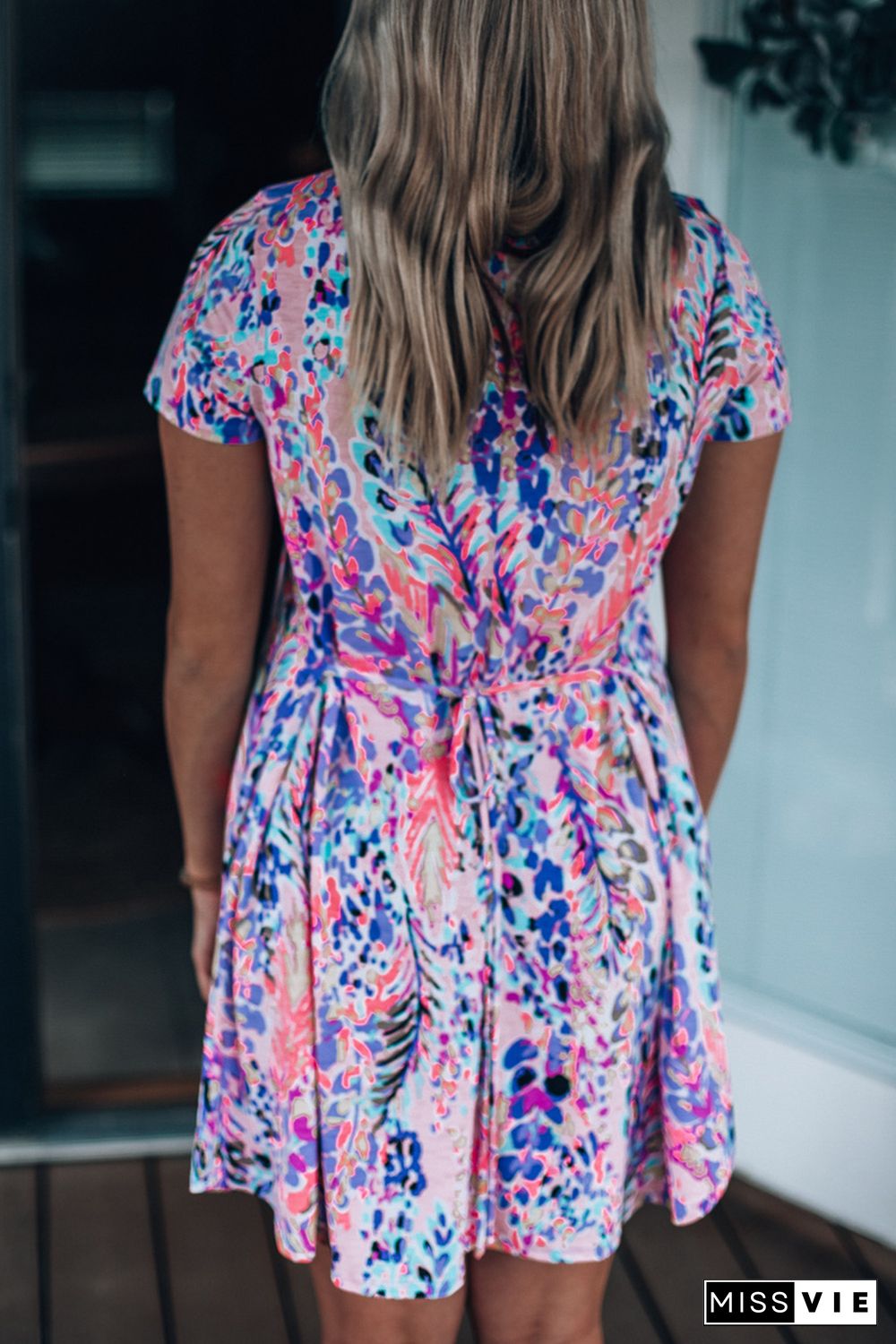 Multicolor Floral Print Lace-up Short Sleeve Mini Dress