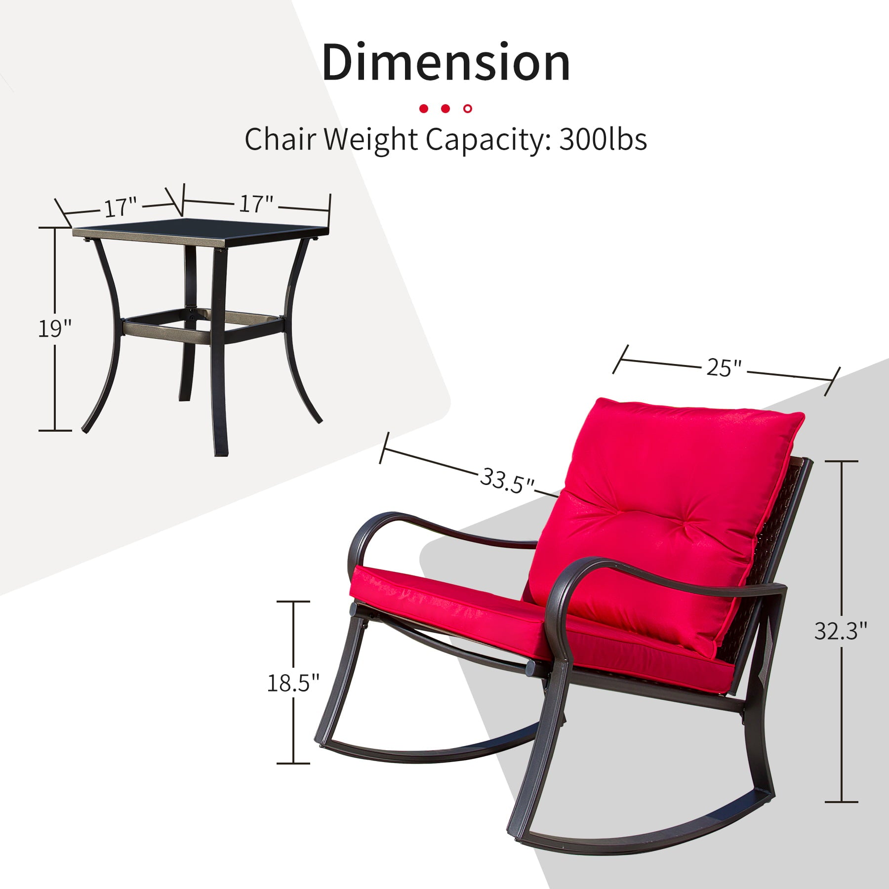 Domi Outdoor Living 3 Pieces Bistro Set Rocking Chairs Thickened Cushion and Glass Top Table (Red)