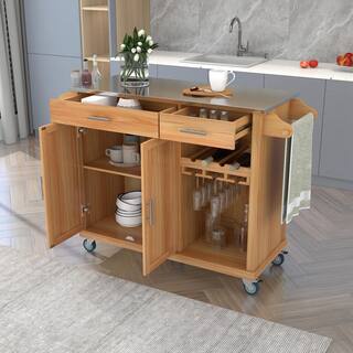 51 in. W Brown MDF Stainless Steel Top Kitchen Cart Kitchen Island on Wheels with 2-Drawers and Goblet Holder wykkisland06