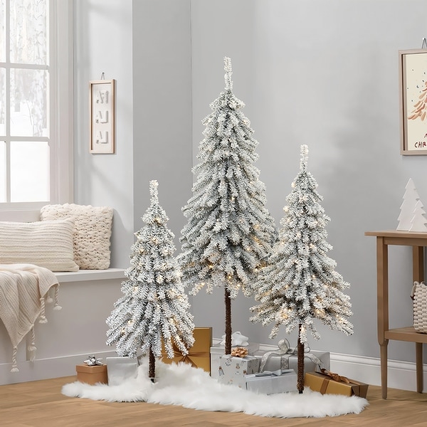 3Piece SnowFlocked Sweeping Branches Artificial Tree Set with Battery Operated Lights