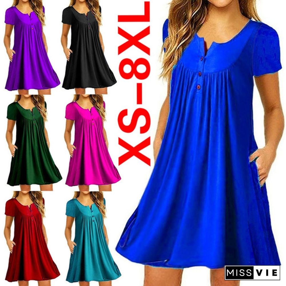 XS-8XL Plus Size Summer Women's Fashion Short Sleeve Cotton Tunic Dresses Casual Deep V-neck Mini Party Dress Pleated Solid Color Ruffles Pockets Beach Dress