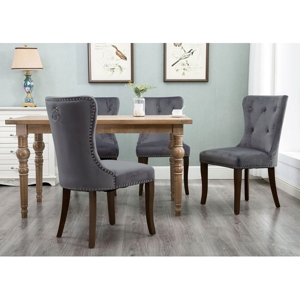 Victorian Dining Chair Button Tufted Armless Chair Upholstered Accent Chair，Nailhead Trim，Chair Ring Pull Set of 4 (Grey)