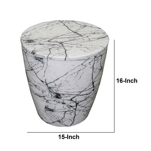 16 Inch Round Accent Side Table， Aluminum Sheet， Faux Marble， Enamel Coating， White