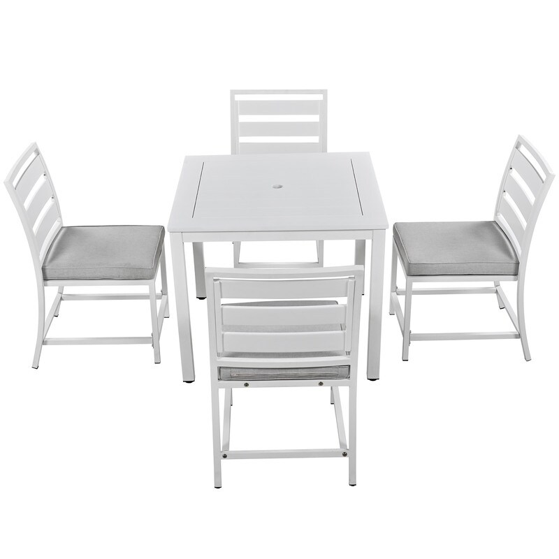 5 Piece Outdoor Dining Table Set for 4  Wood Top Dining Table with Umbrella Hole   4 Cushioned Chairs for Patio  Deck  Porch