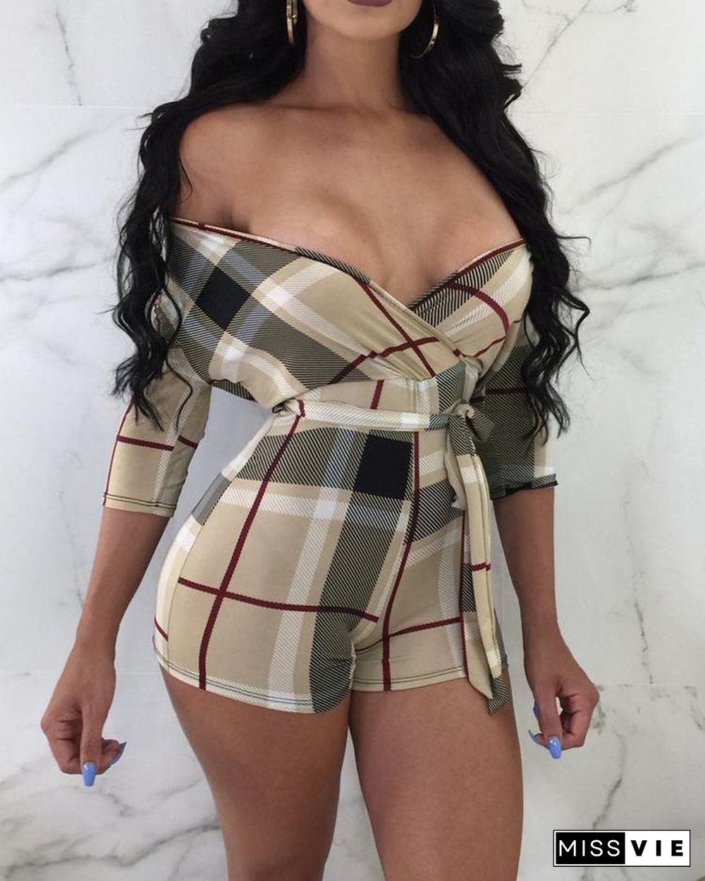 Deep V Neck Retro Print Belted Rompers