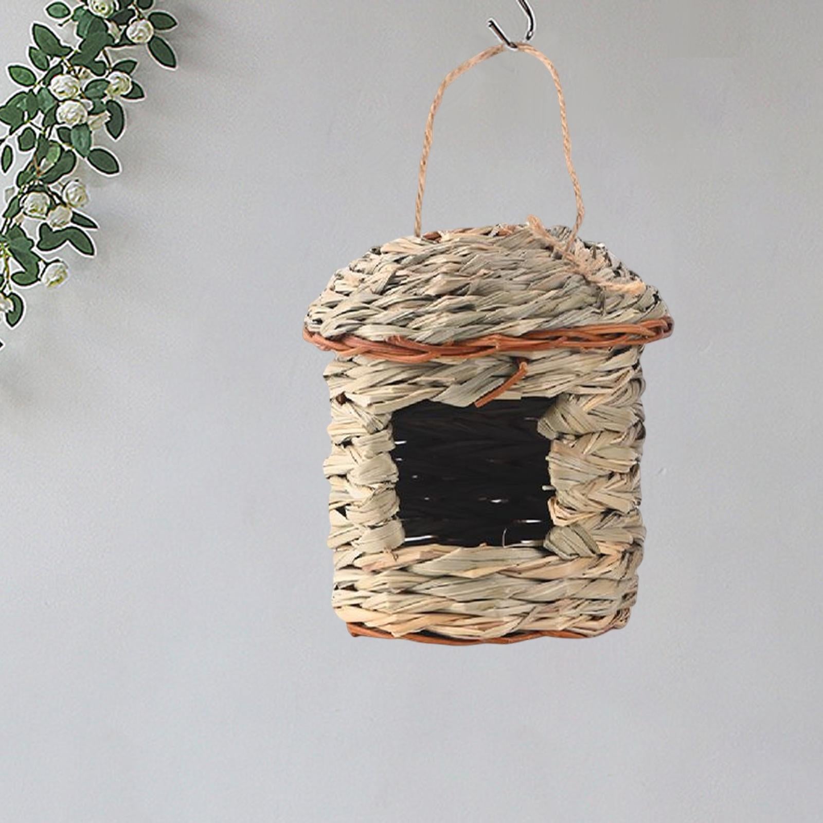 Natural Grass Hung Straw Nest with Viewing Window Parrots Chickadee Canary Bird 14x10cm