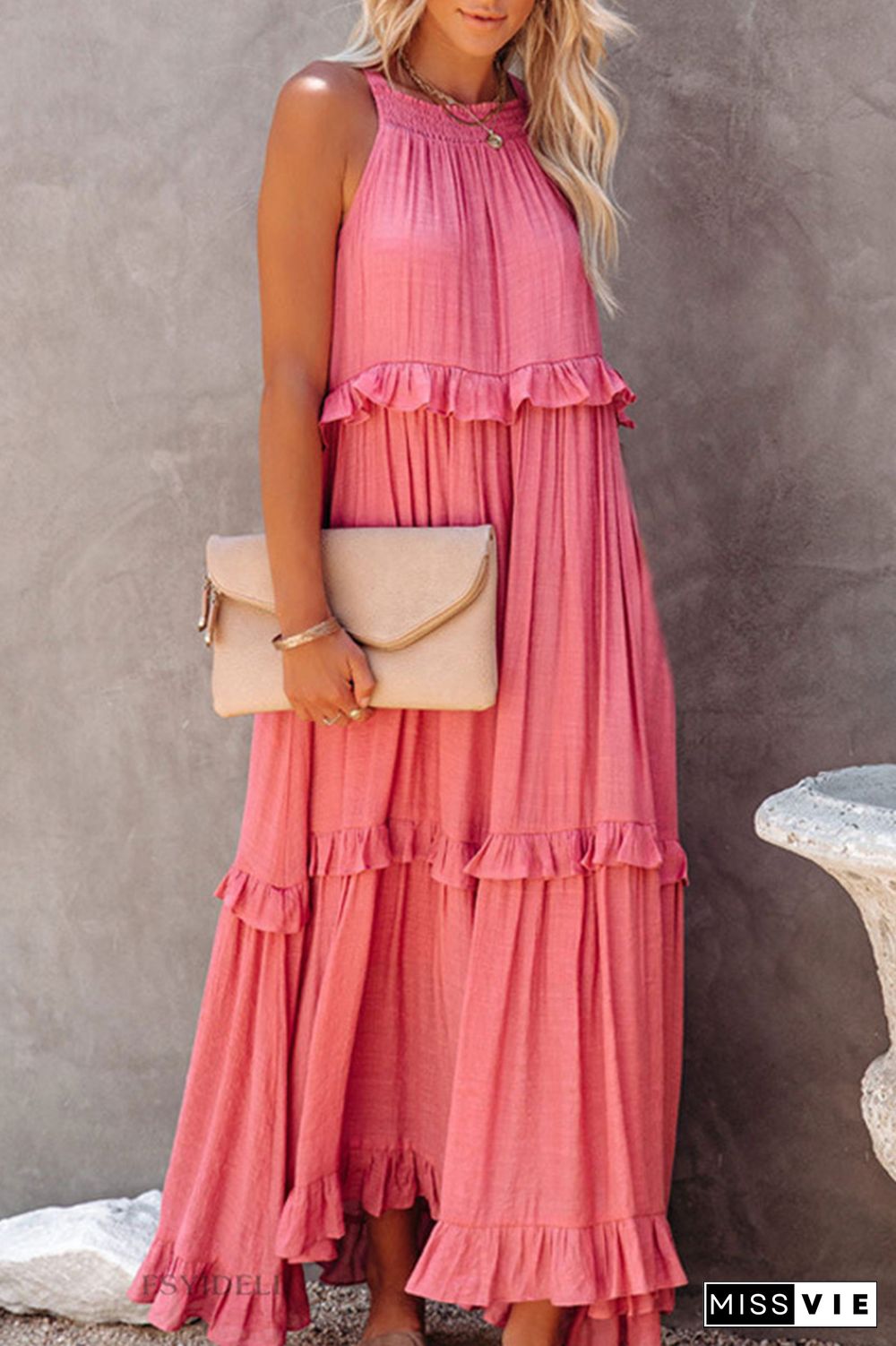 Ruffle Trim Shirred Tie Back Maxi Dress