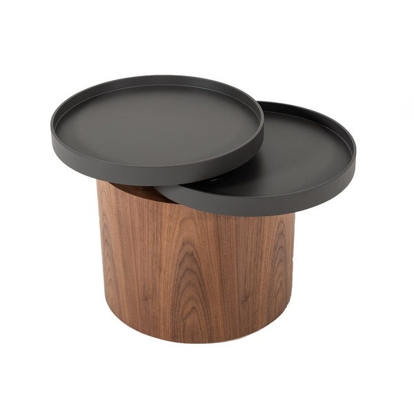 Cylindrical Wooden End Table with Swivel Tray Top， Brown and Black