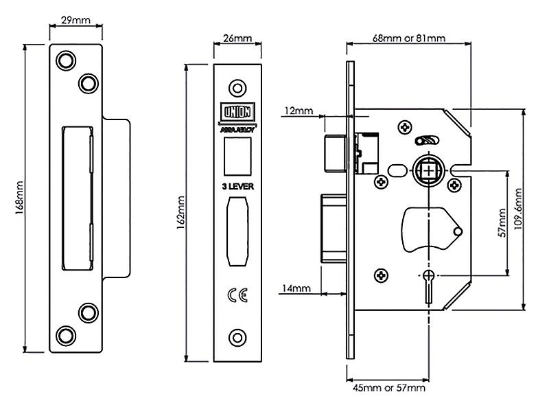 UNION StrongBOLT 2203S 3 Lever Mortice Sashlock Polished Brass 68mm 2.5