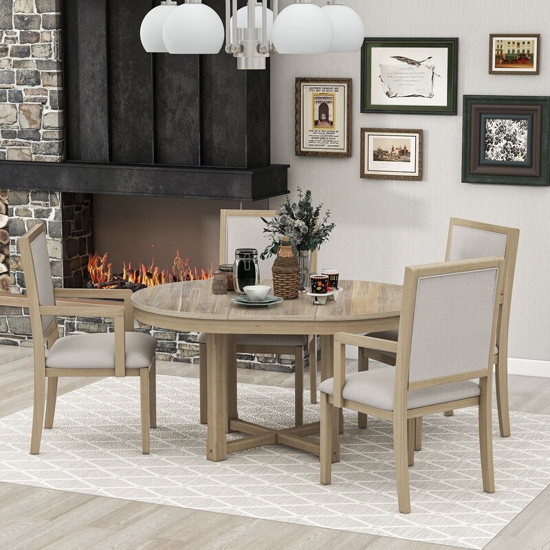 5 Piece Elegant Dining Table Set  Extendable Butterfly Leaf Wood Dining Table and 4 Upholstered Dining Chairs with Armrests