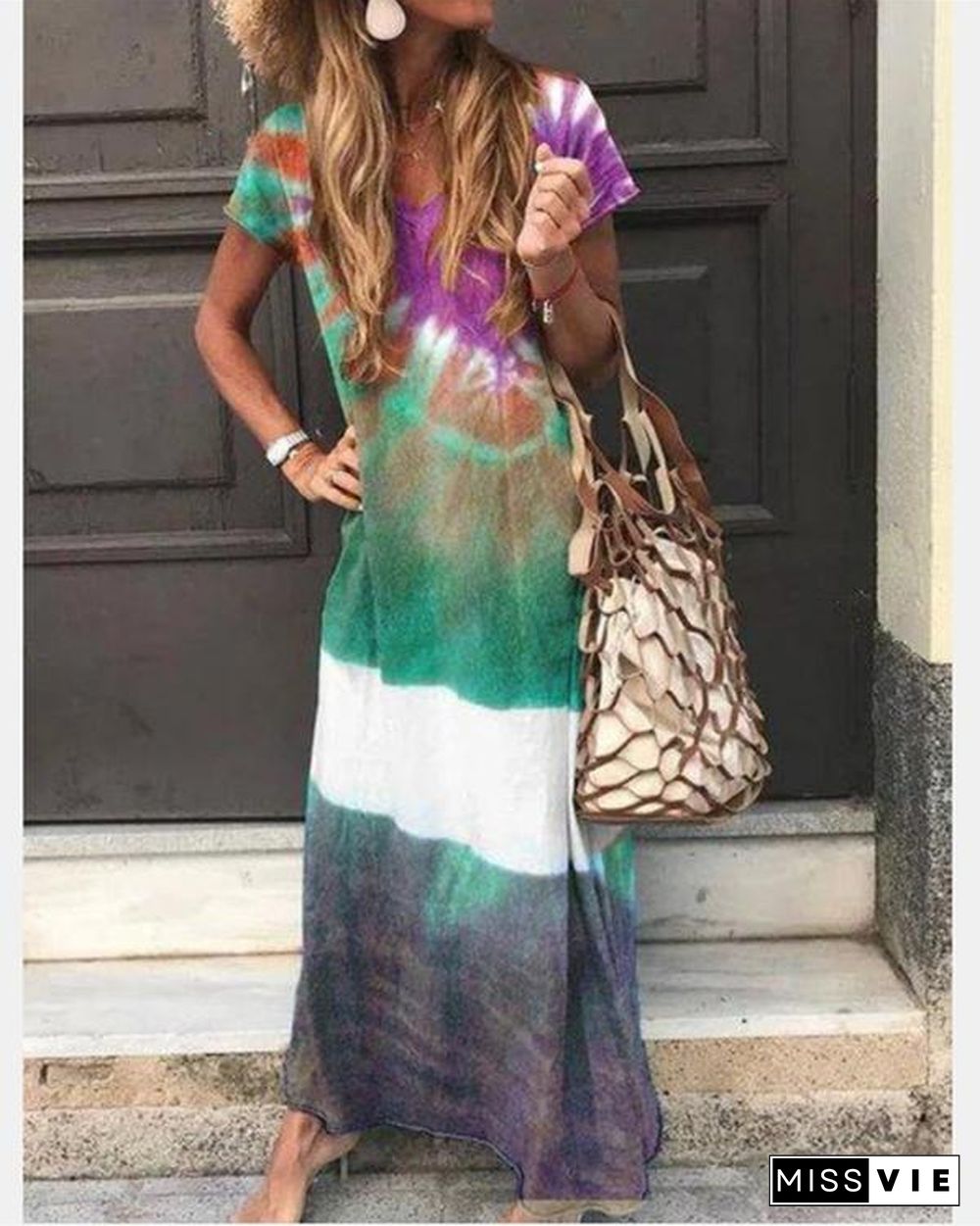 Crew Neck Casual Short Sleeve Gradient Maxi Dresses