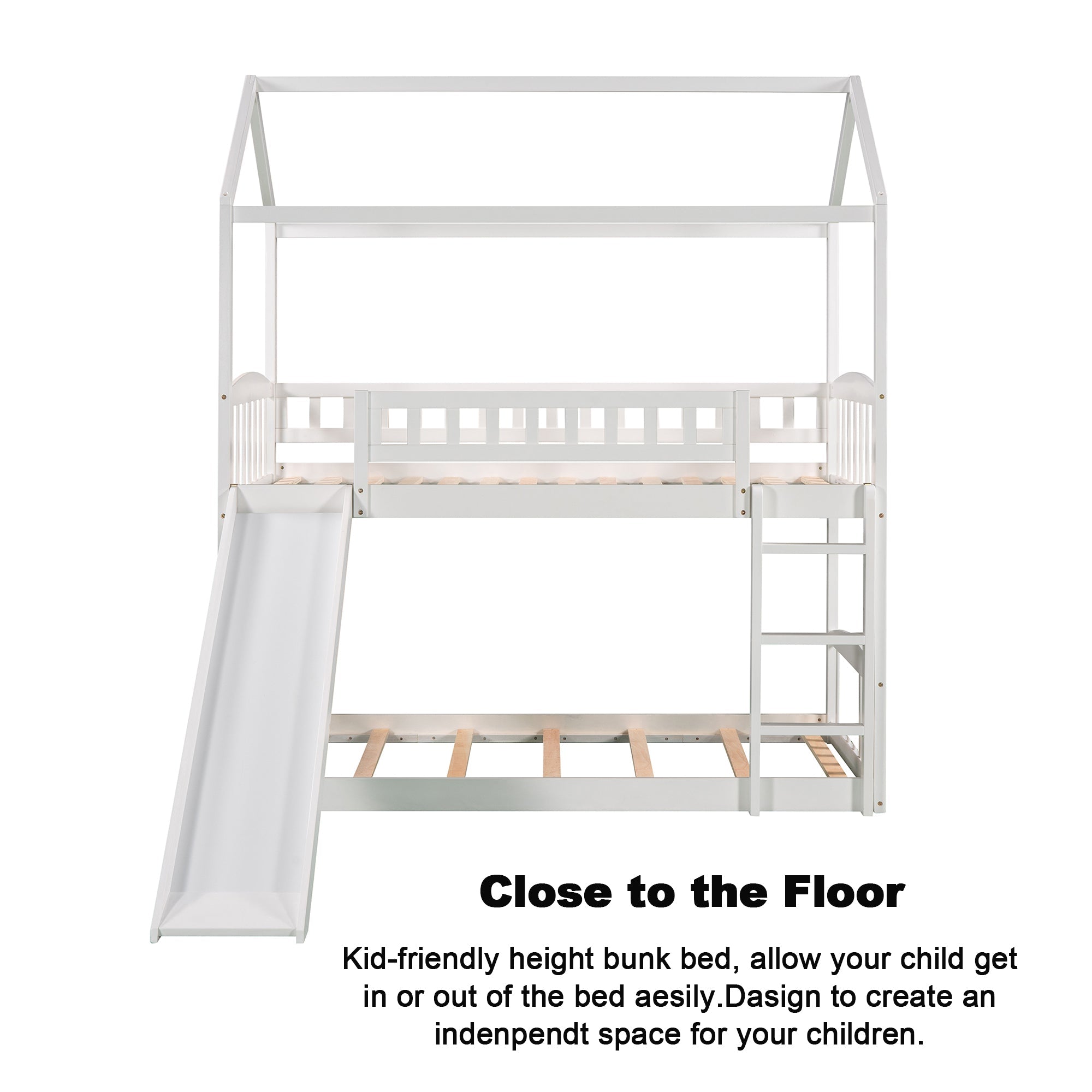 Bellemave Bunk Bed with Slide, Wood Twin Over Twin House Bed Frame with Ladder for Kids Teens(White)