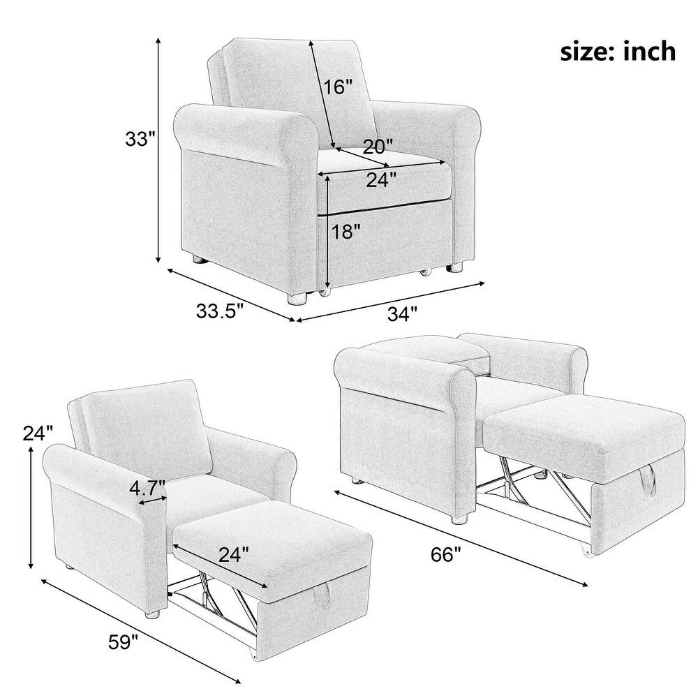 3 in 1 Sofa Bed Chair  Convertible Sleeper Chair Bed Adjust Backrest Into a Sofa