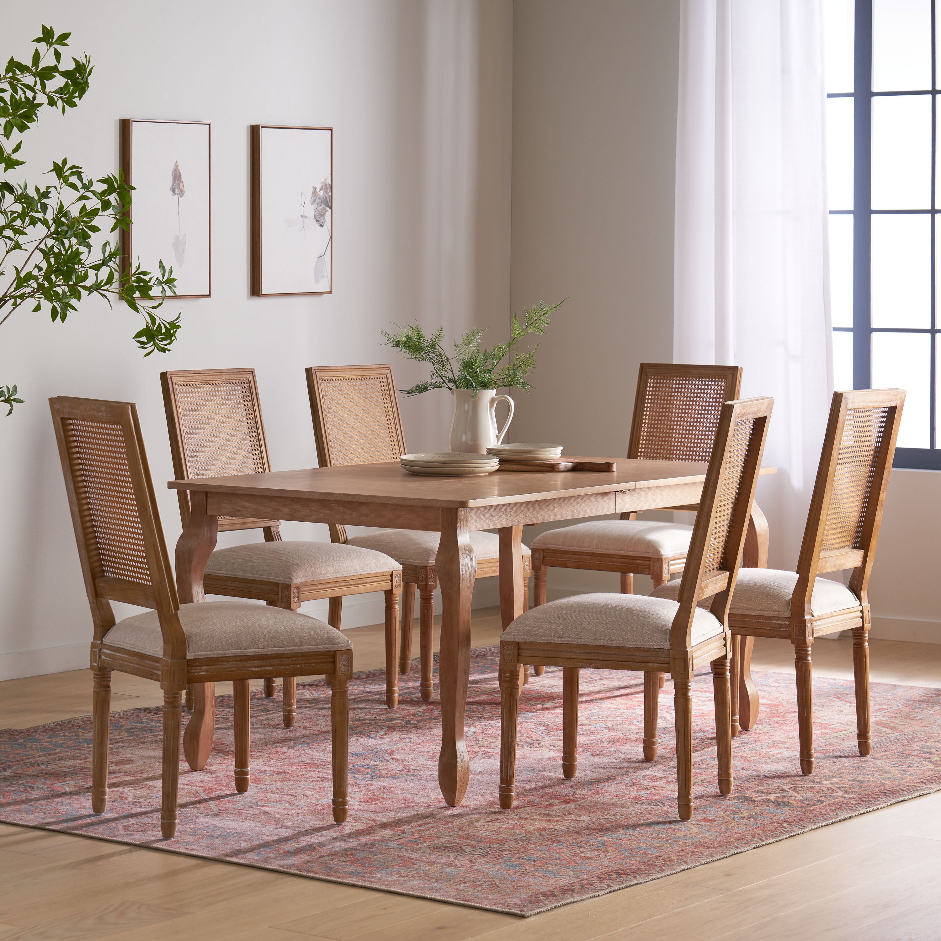 Fernleaf French Country Fabric Upholstered Wood and Cane Expandable 7 Piece Dining Set