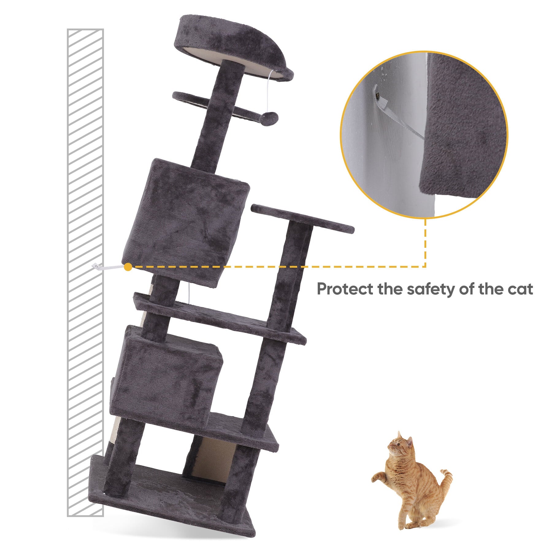 HomGarden 55''H Multi-Level Cat Tree Condo W/Scratching Post Tower and Perch， Play House Dark Gray