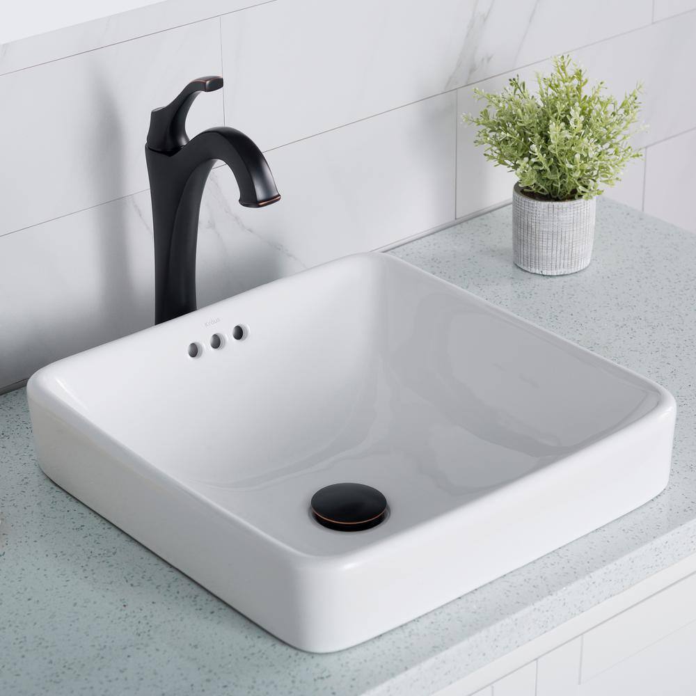 KRAUS Elavo Series Square Ceramic Semi-Recessed Bathroom Sink in White with Overflow KCR-281