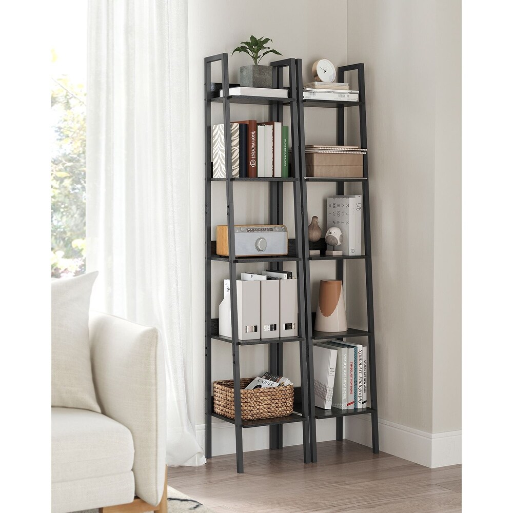 Bookshelf  Ladder Shelf 5 Tier  Freestanding Storage Shelves  Rustic Brown and Black   11.8”D x 13.3”W x 66.9”H