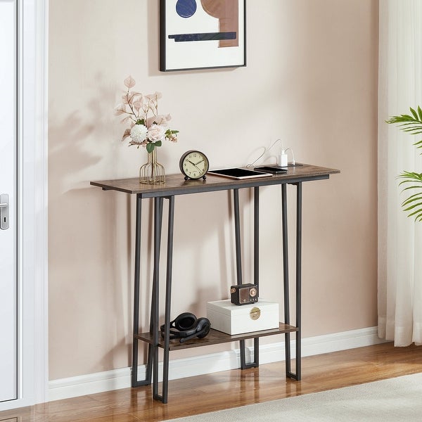 Industrial Rectangular Console Table with 2 Outlet and 2 USB Charging Ports