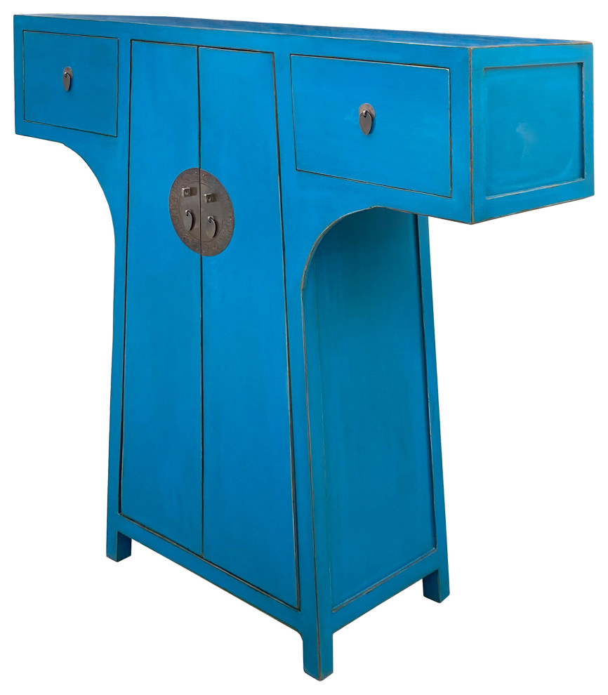 Chinese Moon Face T Shape Benitoite Blue Drawers Side Table Cabinet Hcs7510   Asian   Side Tables And End Tables   by Golden Lotus Antiques  Houzz