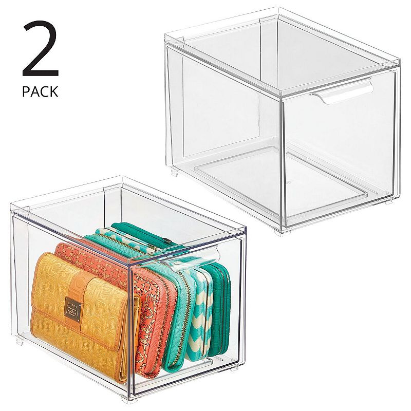 mDesign Clarity 8 x 6 x 6 Plastic Stacking Closet Storage Organizer Bin with Drawer， 2 Pack