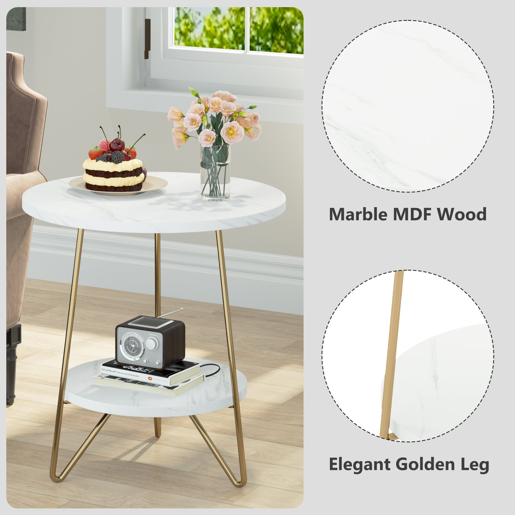 Faux Marble End Table, 2-Tier Round Sofa Bedside Table with Shelves