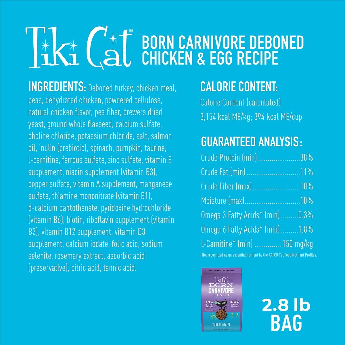 Tiki Cat Born Carnivore Light Turkey Recipe Adult Dry Cat Food， 2.8-lb bag