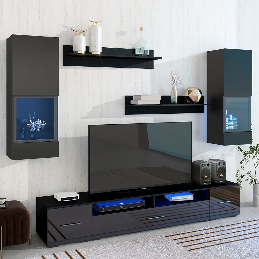 Floating TV Stand with 3 Storage Cabinets   2 Shelves  Modern High Gloss TV Cabinet with 16 Color RGB LED Lights for Living Room