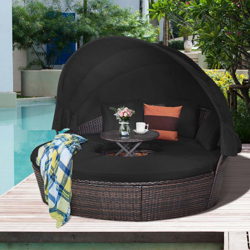 Rattan Wicker Patio Round Daybed with Retractable Canopy & Coffee Table, Outdoor Sectional Furniture Sofa Set